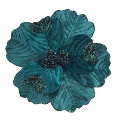 Decoratiune brad, floare Craciunita artificiala catifea si glitter, verde smarald,  Ø22cm