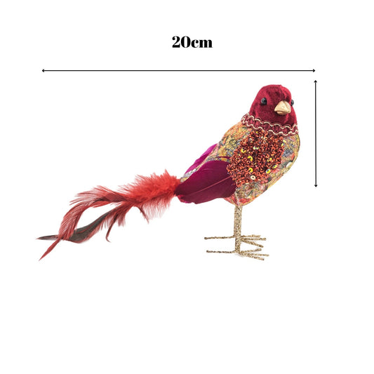 Decoratiune Craciun, Pasare cu pene naturale, rosu, 20cm