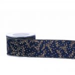 Decoratiune Craciun, Panglica decorativa cu crengute de brad, albastru cu auriu 6,7cm * 9m