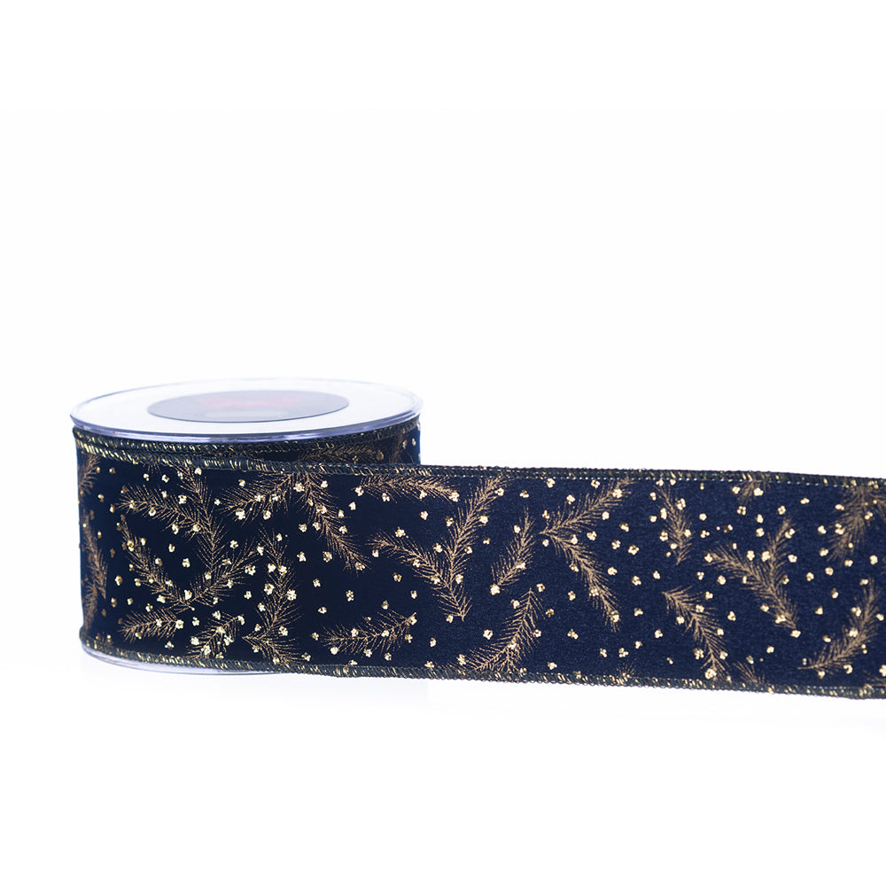 143.jpg Decoratiune Craciun, Panglica decorativa cu crengute de brad, albastru cu auriu 6,7cm * 9m - imagine 1