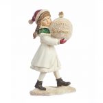 Decoratiune Craciun, Figurina fetita cu bulgare de zapada, alb cu auriu, 19 cm