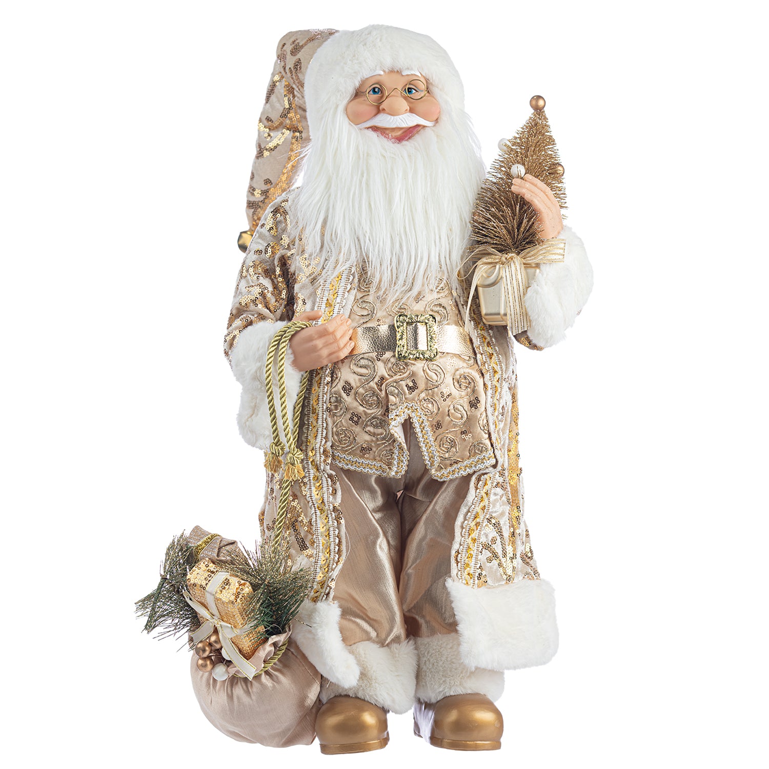1_bffb26f5-a91d-462d-85c3-f2a42e80ad2c.jpg Decoratiune Craciun, Mos Craciun, catifea si blanita, coniac cu auriu, 30 cm - imagine 1