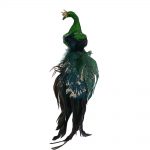 Decoratiune Craciun, Pasare, Paun din pene naturale cu strasuri si glitter, verde, 20 cm