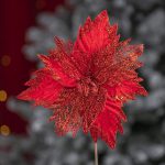 Floare decorativa pentru Craciun din catifea cu glitter, Rosie, 28 cm - imagine 4
