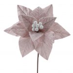 Decoratiune brad, floare Craciunita artificiala catifea si glitter argintiu, roz,  Ø24cm