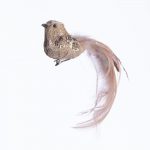 Decoratiune Craciun, Pasare cu pene naturale, paiete si glitter, sampanie, 22cm