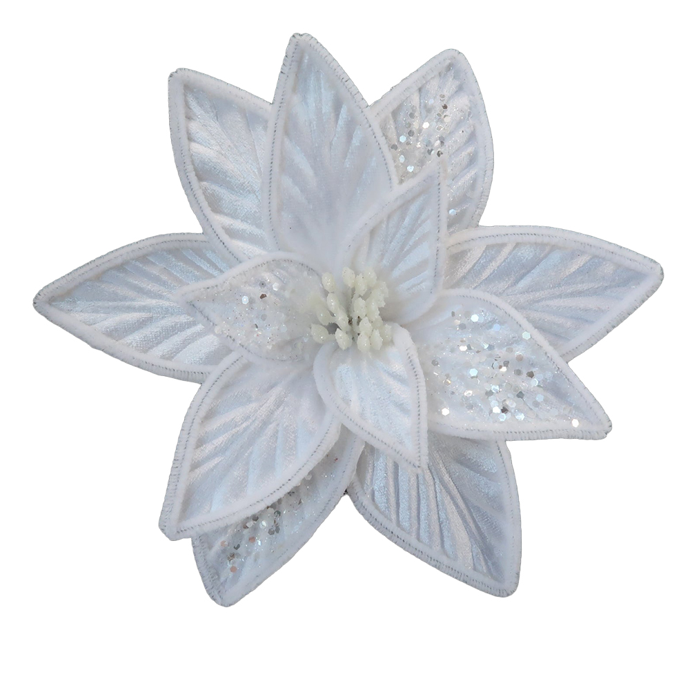512165 Decoratiune brad, floare Craciunita artificiala catifea si glitter argintiu, alb, Ø26cm - imagine 1