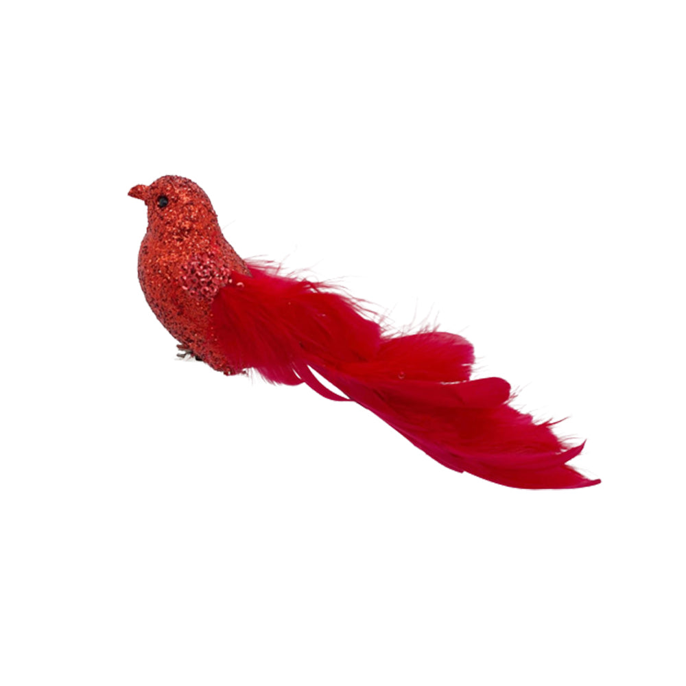 569.jpg Decoratiune Craciun, Pasare cu strasuri si pene naturale, rosu, 25cm - imagine 1