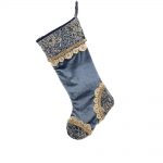 Decoratiune Craciun, Soseta de agatat catifea si broderie cu paiete, albastru indigo cu auriu, 54cm