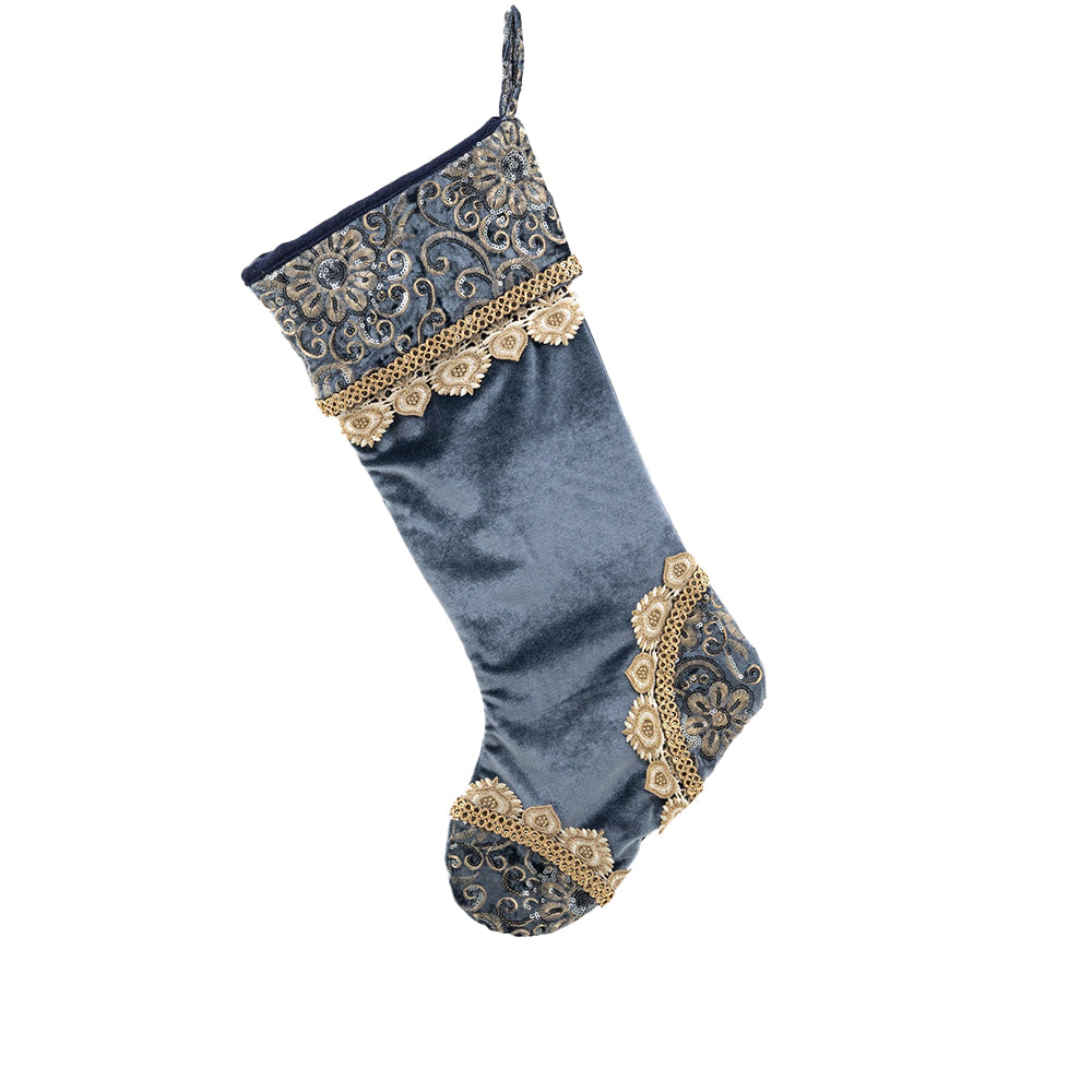 628_232e39eb-6970-4e61-854a-a9a0789bb56d.jpg Decoratiune Craciun, Soseta de agatat catifea si broderie cu paiete, albastru indigo cu auriu, 54cm - imagine 1