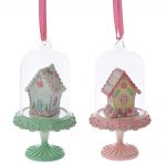 Decoratiune Craciun din rasina, platouri tip clopot cu casuta, roz si verde, 15cm