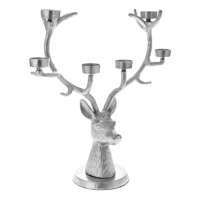 Sfesnic in forma de cerb, suport lumanare, argintiu, 44cm