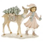 Decoratiune Craciun, Figurina fata cu cerb si bradut, Roz pudra, 19cm