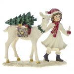 Decoratiune Craciun, Figurina fata cu cerb si bradut, Multicolor, 19cm