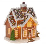 Decoratiune Craciun, Casuta muzicala din rasina cu aspect de turta dulce, maro, 25X17 Cm