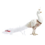 Decoratiune Craciun, Pasare Paun cu pene naturale și broderie, alb-auriu,  33cm - imagine 6