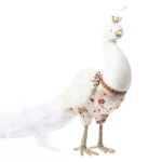 Decoratiune Craciun, Pasare Paun cu pene naturale și broderie, alb-auriu,  33cm