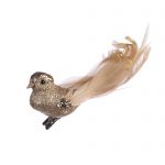 Decoratiune Craciun, Pasare cu glitter si pene naturale, auriu, 15cm - imagine 3