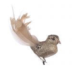 Decoratiune Craciun, Pasare cu glitter si pene naturale, auriu, 15cm - imagine 4