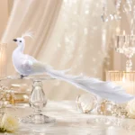 Decoratiune Craciun, Pasare, Paun pene naturale, Alb, 28 cm - imagine 2
