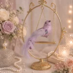 Decoratiune Craciun, Pasare cu glitter si pene naturale, mov, 15cm - imagine 2
