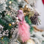 Decoratiune Craciun, Pasare cu glitter si pene naturale, roz, 18cm - imagine 2