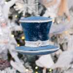 Decoratiune Craciun, Glob in forma de joben, din catifea, albastru, 15 cm - imagine 2