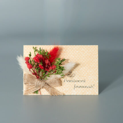 Martisor tip felicitare, Buchetel Flori Uscate rosu cu verde