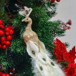 Decoratiune Craciun, pasare paun cu glitter, auriu, 36cm - imagine 2