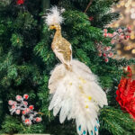 Decoratiune Craciun, pasare paun cu glitter, auriu, 32cm - imagine 3