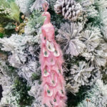 Decoratiune Craciun, pasare paun cu glitter, roz, 36cm - imagine 2