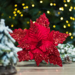 Floare decorativa pentru Craciun din catifea cu glitter, Rosie, 26 cm - imagine 2