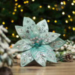 Decoratiune brad, floare Craciunita artificiala, catifea cu glitter, albastru, Ø26cm - imagine 2