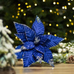 Decoratiune brad, floare Craciunita artificiala cu catifea si glitter, albastru, Ø26 cm - imagine 2