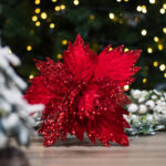 Floare decorativa pentru Craciun din catifea cu glitter, Rosie, 28 cm - imagine 2