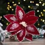Floare decorativa pentru Craciun din catifea, Rosu nins, 26 cm - imagine 3