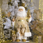 Decoratiune Craciun, Mos Craciun, catifea si blanita, coniac cu auriu, 60 cm - imagine 3