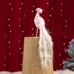 Decoratiune Craciun,Paun cu pene naturale si catifea cu strasuri, Roz, 40 cm - imagine 4