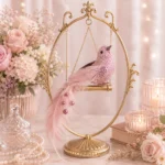 Decoratiune Craciun, Pasare cu glitter si pene naturale, roz, 15cm - imagine 2