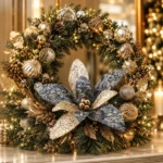 Decoratiune Craciun, Floare decorativa cu catifea si broderie cu paiete, albastru indigo si auriu, 37cm - imagine 2
