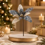 Decoratiune Craciun, Floare decorativa cu catifea si broderie cu paiete, albastru indigo si auriu, 37cm - imagine 3