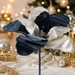 Decoratiune Craciun, Floare decorativa cu catifea , albastru si auriu, 35cm - imagine 3