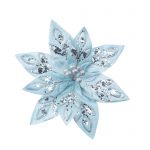 Decoratiune brad, floare Craciunita artificiala, catifea cu glitter, albastru, Ø26cm
