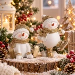 Decoratiune Craciun, Om de zapada alb cu auriu in sezut sau pe schiuri,14 cm - imagine 2