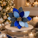 Decoratiune brad, floare Craciunita artificiala din catifea, cu glitter, gri albastru, Ø26 cm - imagine 2