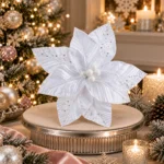 Decoratiune brad, floare Craciunita artificiala catifea si paiete, alb,  Ø26cm - imagine 2