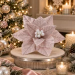 Decoratiune brad, floare Craciunita artificiala catifea si glitter argintiu, roz,  Ø24cm - imagine 2