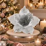 Decoratiune brad, floare Craciunita artificiala catifea si paiete, argintiu,  Ø24cm - imagine 2