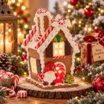 Decoratiune Craciun, Casuta din rasina cu Mos Craciun cu LED, maro, 15 cm - imagine 2