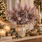Crenguta decorativa cu frunze si con, roz, 65cm - imagine 2
